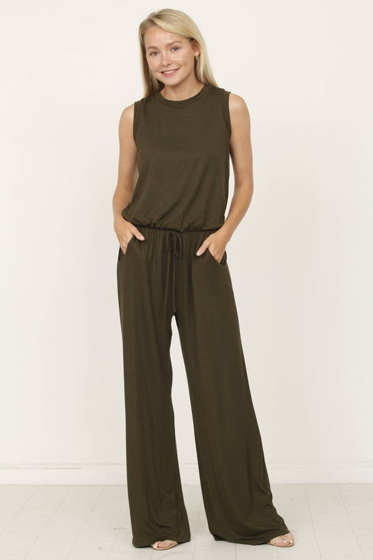 plus solid draw string pocket jumpsuit