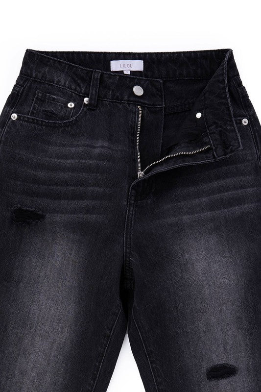 Black distressed straight jeans