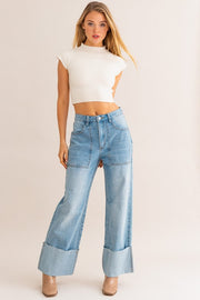 High-Waisted Wide Leg Cuffed Jeans