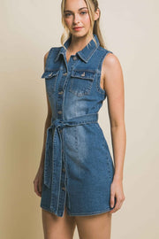 Denim Strapless Dress with Waist Tie