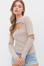 RIBBED FITTED LONG SLEEVE TOP WITH CHEST CUTOUT AN