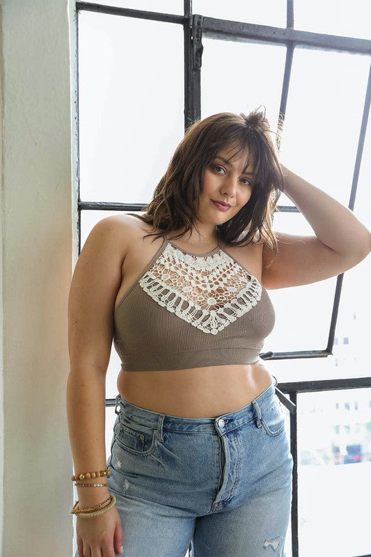 Plus Size Crochet Lace High Neck Bralette