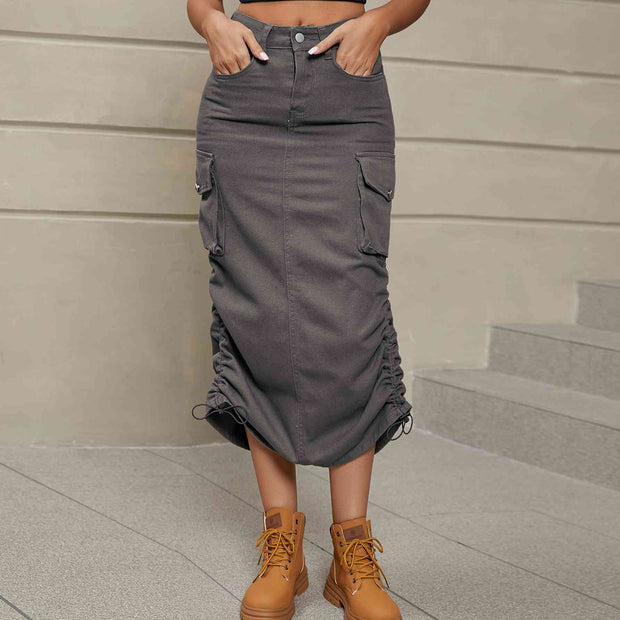 Drawstring Ruched Denim Midi Skirt Goddess Life & Style Shop
