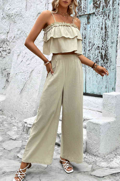 Frill Trim Cami and Wide Leg Pants Set | Hanny, Ship From Overseas | Trendsi