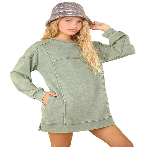 VERY J Mineral Washed Oversized Sweatshirt Mini Dress