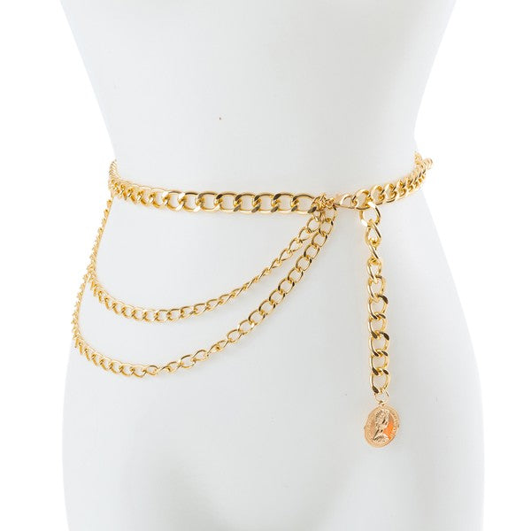 QUEEN ELIZABETH COIN PENDANT FASHION BELT | AS | bikini chain, body chain, Chain belt, Chain waist belt, Fashion belt, Festival belt, festival chain, Gold belt, Layered belt, layered chain, Not on Amazon, Only at FashionGo, Small Batch, summer chain, Trendy belt | Bella Chic