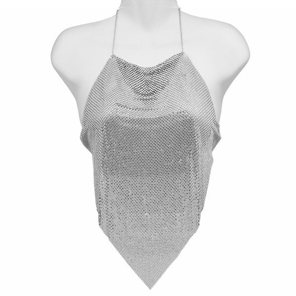 RHINESTONE METAL MESH CAMISOLE TOP BODY CHAIN | backless camisole top, body chain, chain top, mesh top, metal mesh top, rhinestone metal top, statement top, summer statement top, trendy body jewelry, trendy jewelry | Bella Chic