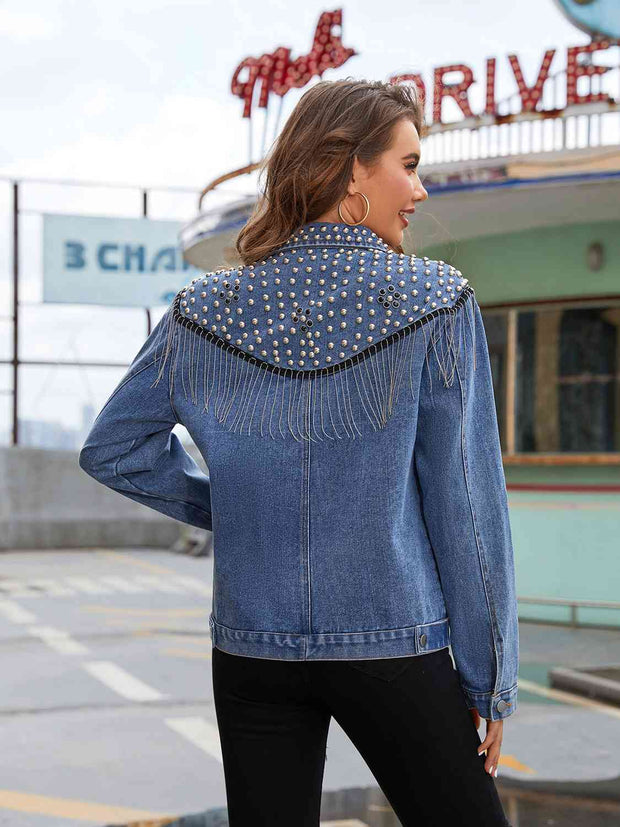 Studded Fringe Button Down Denim Jacket Goddess Life & Style Shop