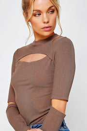 RIBBED FITTED LONG SLEEVE TOP WITH CHEST CUTOUT AN