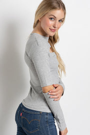 RIBBED FITTED LONG SLEEVE TOP WITH CHEST CUTOUT AN