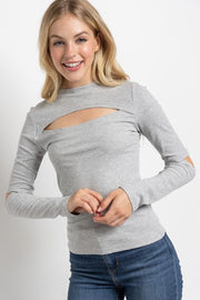 RIBBED FITTED LONG SLEEVE TOP WITH CHEST CUTOUT AN