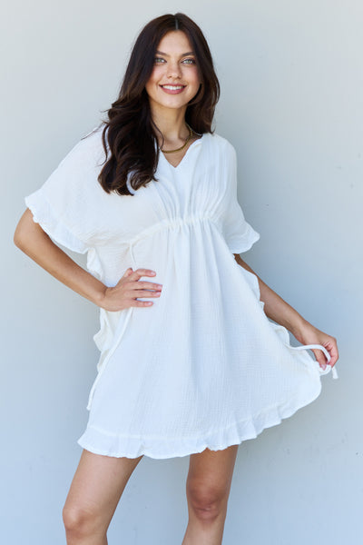 Ninexis Out Of Time Full Size Ruffle Hem Dress with Drawstring Waistband in White | Ninexis, Ship from USA | Trendsi
