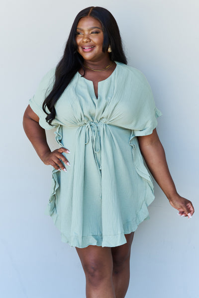 Ninexis Out Of Time Full Size Ruffle Hem Dress with Drawstring Waistband in Light Sage | Ninexis, Ship from USA | Trendsi